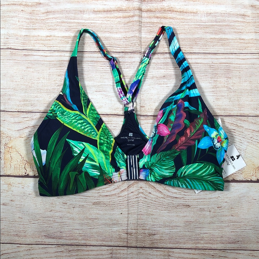 Beach House‎ Sport Tropical Leaf Print Bikini Top - Black, Green, Blue